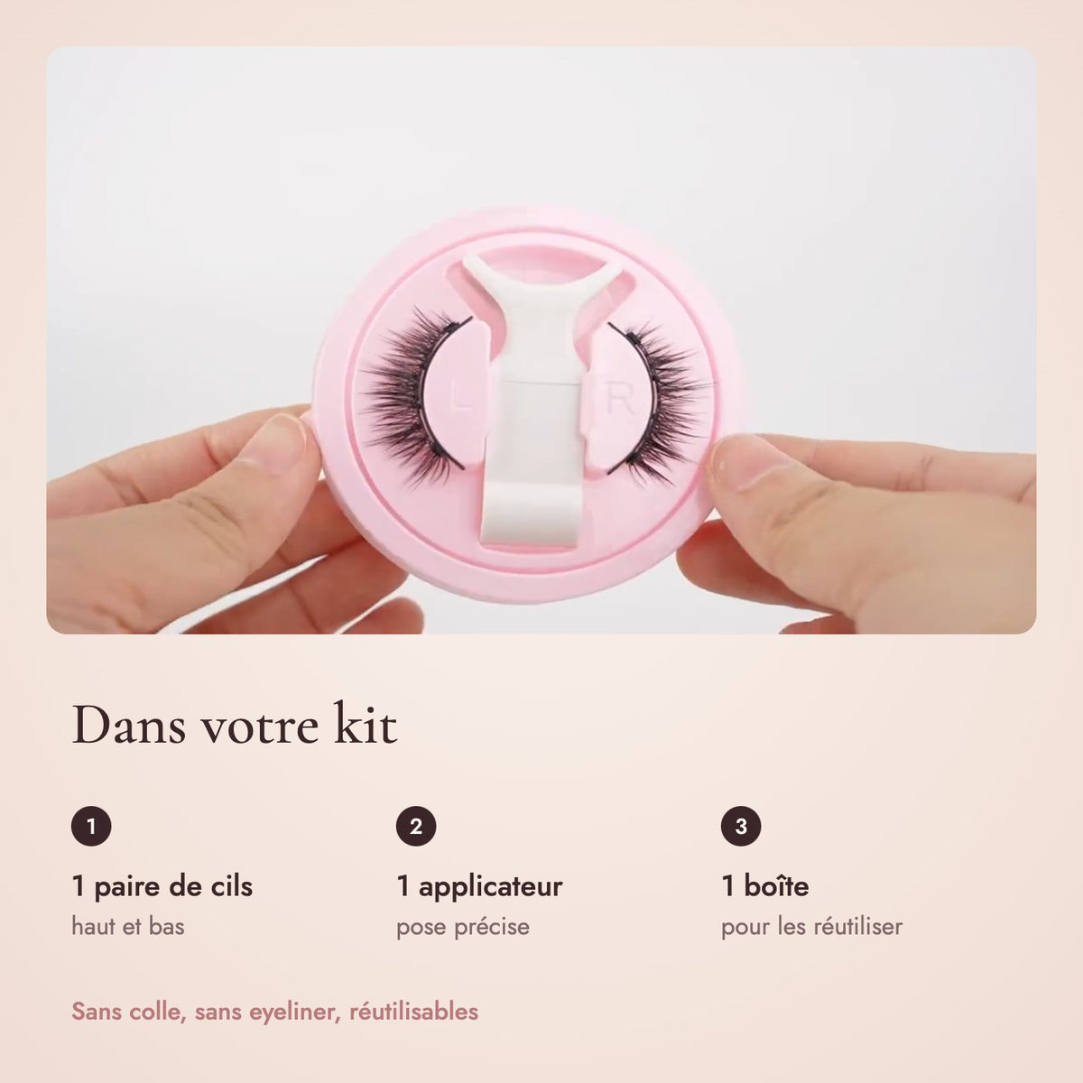 Galerie : contenu du kit, une paire de cils, un applicateur et une boîte